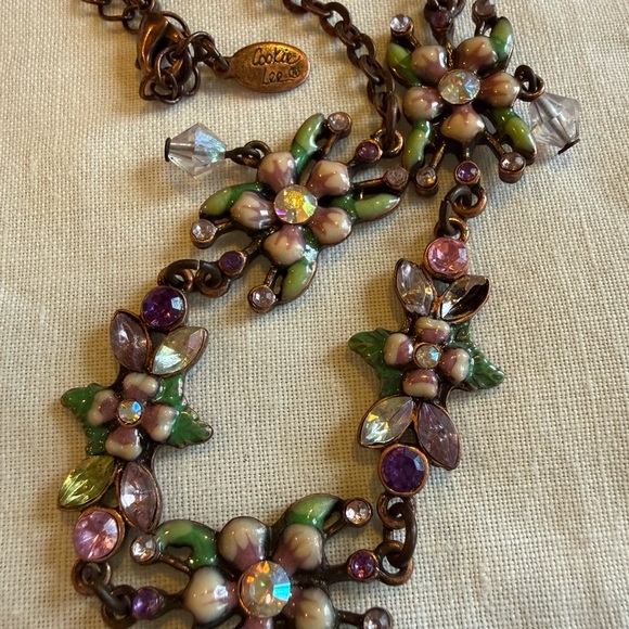 Cookie Lee Enamel Floral Green  and Pink  and crystals Necklace - Picture 7 of 8